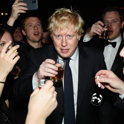 boris Johnson all night party, hyper realistic, paparazzi photo, booze, drugs, party, late night,