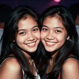a close - up, color travel photograph portrait of two indonesian girl in the club, smile, dramatic lighting, 1 9 9 0 photo from live magazine.