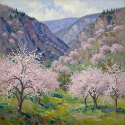 a valley with trees in flower. full - length, oil painting in a modern style, very detailed, painted by caravaggio, greg rutkowski, sachin teng, thomas kindkade, tony sandoval, norman rockwell, tom bagshaw.