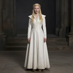 a full length portrait of  mischievous, dangerous young,  Galadriel! (young Cate Blanchett), dressed in a lacy, (((white))) dress.  Pre-Raphaelite oil painting, inspired by Sleeping Beauty from 1899