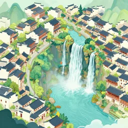 dreamy chinese town, high waterfalls, paradise, digital art, illustration, ortographic