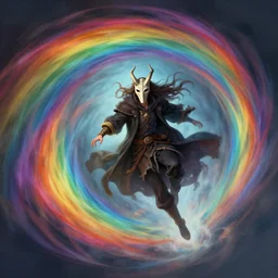 a slender wizard with horned mask levitating inside a wind twister colored like the rainbow, art by greg rutkowski, by ilya kuvshinov, digital art, artstation, detailed, realistic, long hair,
