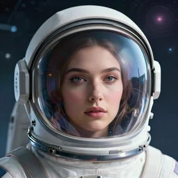 retrofuturistic portrait of a woman in astronaut helmet, smooth transparent visor with reflective gradient, space graphics art in background, close up, quint buchholz, wlop, dan mumford, artgerm, liam brazier, peter mohrbacher, raw, featured on artstation, octane render, cinematic, elegant, intricate, 8 k