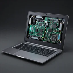 generative design exoskeleton laptop computer, dark plastic, pcb internals, glowing lights, product shot, depth of field