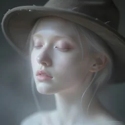 out of focus photorealistic portrait of a beautiful pale young woman by sarah moon, very blurry, translucent white skin, closed eyes, foggy, closeup, with a weird hat