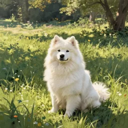 a samoyed dog sitting in the middle of sunny meadow, by Will Eisner