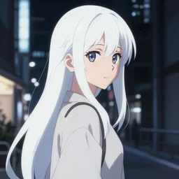 anime kyoto animation key by greg rutkowski night, single white hair girl in night city