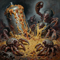 nightmare clawed chyme tanks and mollusk panzers destroyed, overturned by crustaceans made of yaw gravel claws on mollusks dread, mucosal rugated rust noodles in primoridal slimes oil painting masterpiece, by boris vallejo, terror by francesco blanc, enric torres, by jack gaughan