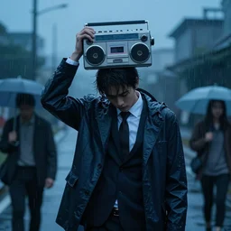 say anything'boombox scene, guy dressed in a raincoat suit, heavy rain, holding overhead a cassette player, sadpeople aesthetic, blue hour