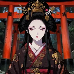 techwear occultist, torii gate, inari shrine, miko, hime, beautiful, detailed symmetrical close up portrait, intricate complexity, in the style of kyoto animation keys and takato yamamoto, artgerm, cel shaded