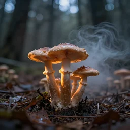 totally in an fungal biodiversities humans struggle surrounded by others, dusk light, atmospheric dusk and vapour swirl, full colour, hyper realistic photo, chiaroscuro, shallow depth of field, volumetric lighting, upscale, 8 k, masterpiece,