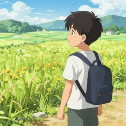 a young boy starting off his isekai journey, vibrant colorful landscapes, anime style, pixiv