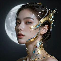 portrait of a beautiful futuristic woman layered with high-tech jewelry wrapping around her face and head, golden-silver glow of moonlight with tiny blue, gold, and red gems scattered like dust
