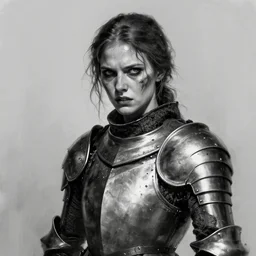 close portrait of the youthful, vicious, hateful, savage female warrior joan of arc in armor, with a dirty face, digital matte painting, dramatic lighting, speedpainting, concept art, black - and - white, visible brushtrokes, hyper detailed, trending on artstation, by christophe young, by wlop, by greg rutkowski, by raymond swanland