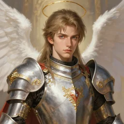 Full portrait of Magical Knight, holy armor, ornamental, angel themed, male, ornamental, highly detailed, detailed face, smooth, shrap focus, digital painting, illustration, by Albert Aublet, Krenz Cushart, WLOP and Sakimichan, artstation