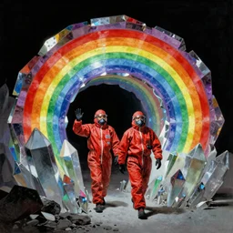 two scientists in red hazmat suits entering the geometric rainbow crystal dimensional gateway by frank frazetta