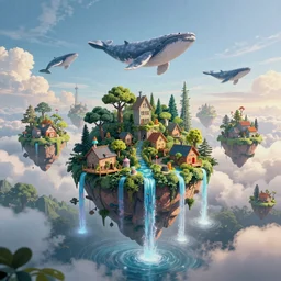 Planet Overgrown with floating houses, hanging trees, colored waterfalls, alien whales flying through the sky, dreamy clouds, Greg Rutkowski, Darek Zabrocki, Karlkka, Jayison Devadas, Phuoc Quan, trending on Artstation, 8K, ultra wide angle, pincushion lens effect