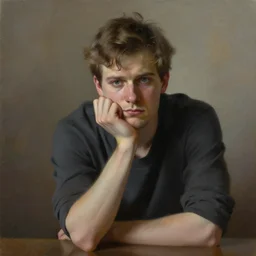 Jerma thinking and pondering with his hand on his chin hunched over, Realistic, Hyperrealistic, Highly Detailed, Very Detailed, HD Quality, 8k Resolution, Digital Art, Oil Painting, Trending on Artstation, Real Life