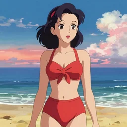 portrait of a beautiful girl with dark 1950's style hair dressed in 1950's swimsuit, sunny beach, rich vivid colors, ambient lighting, dynamic lighting, 4k, HQ, official media, anime key visual, makoto shinkai, ilya kuvshinov, lois van baarle, rossdraws, detailed, trending on artstation