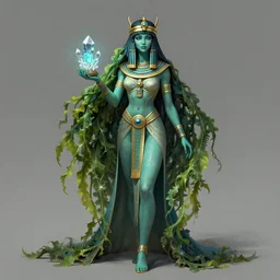 beautiful sorceress female with teal colored skin, full body shot, long hair made of kelp, egyptian clothing, carrying a crystal stuff, d & d, fantasy, intricate, elegant, highly detailed, digital painting, artstation, concept art, matte, sharp focus, illustration, hearthstone, art by artgerm and greg rutkowski and alphonse mucha