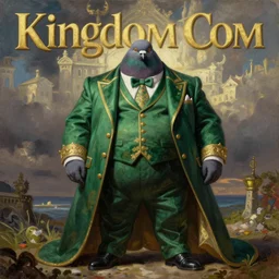 A Kingdom Come cover featuring a majestic fat Pigeon in a extravagant full body green suit by Alex Ross, oil painting
