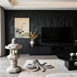 living room, stone lantern, cephalapod, interior design, stylish luxury living room design, yakisugi, black vertical slatted timber, large tv, textures, feminine, black walls, art, japanese pottery vase with flowers, ikebana with australian wildflowers, kakejiku, japanese influences