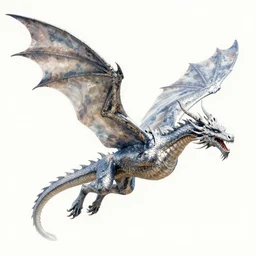 A beautiful, highly detailed watercolor painting of a majestic Ancient Silver Dragon flying through the clouds over a huge stone castle with a giant wooden and iron door, by Greg Rutkowski