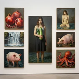 art gallery with several paintings, painting of a tall emo girl holding a courgette in a flooded art gallery, paintings on the wall, pomegranates, waterfall, dripping faucet, pigs, hemp ropes, octopus, berries, zen, sensual, surrealist, by magritte and monet