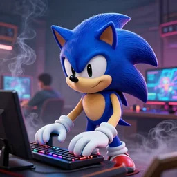 portrait of sonic the hegdehog playing videogames very smoky cyberpunk, highly detailed, artstation, artgerm, donato giancola and joseph christian leyendecker