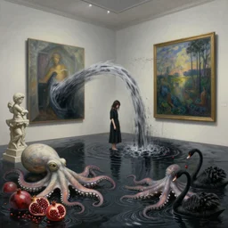 painting of a flooded art gallery and a tall emo girl, a waterfall of squid ink coming from a painting and flooding the gallery, stone sculpture of an octopus, pomegranates, octopus, zen, black swans, berries, wide panoramic view, surrealist, by magritte and monet