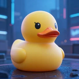 rubber duck, hyper detailed, human like, blue hour, cyberpunk