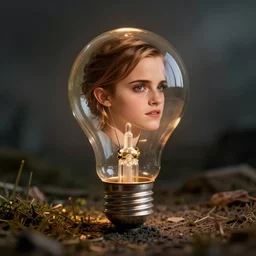 a tiny emma watson head trapped inside a light bulb
