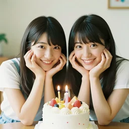 90's Japanese Professional Color Photography, Nikon, Two Japanese girls smiling for the camera, birthday
