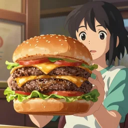 art, anime anime anime, anime girl holding a mile high cheese burger, a giant cheeseburger with many layers, incredible detail on the burger art, very juicy burger, volumetric lighting, by makoto shinkai