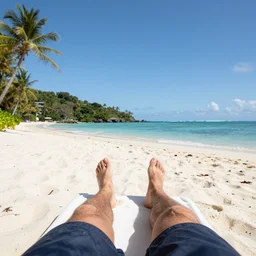 first person view from a man lounging on a beautiful tropical beach with a stunning turquoise ocean in the background. his legs stretch out in front of the camera, photorealistic