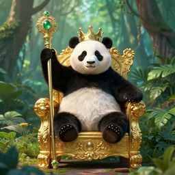 panda king on a gilded throne, raising a staff encrusted with jewels, jungle scene, octane render, by tokaido