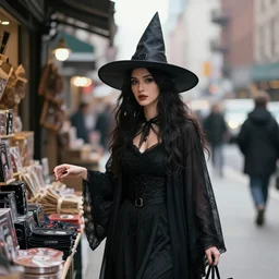 dramatic full portrait photo of a beautiful female witch shopping in a new york street, detailed and creepy, by bruce gilden, by annie leibovitz, by diane arbus, color photography, sigma 2 8 mm