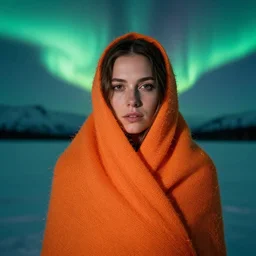 closeup portrait of a woman wrapped in orange fiber, standing in alaska, aurora i in background, color photograph, by vincent desiderio, canon eos c 3 0 0, ƒ 1. 8, 3 5 mm, 8 k, medium - format print