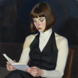 painting of an elegant young woman with brown hair in a bob cut with blunt bangs. her eyes are red, she wears a black halter vest over a long - sleeve white shirt with a turtleneck, studying at night, by jeremy mann, stylized, detailed, realistic, loose brush strokes