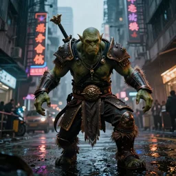 a dynamic photograph of a orc warrior in a wet, dystopic Hong Kong bladerunner street. Realism.