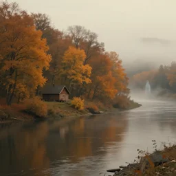 created by ismail inceoglu, this is a false dream. the scenery on the seine river in autumn is picturesque, a warm forest cabin, a gloomy atmosphere, a mirage, a warm and lonely atmosphere, atmospheric lighting, trending on artstation, inception, fog in the distance, ghosts in the fog