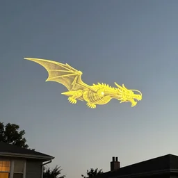 you won't believe it, i just saw a huge dragon shaped ufo in the sky right outside the house where i was sitting in my back yard at 7 pm 2 nite, its extremely bright yellow not the regular yellow of a solar eclipse, its lights are strobing at some frequency, the brighter it is, the less bright it seems at some others, all lights flashing at different times like i said, its shaped like a dragon... just the size of a plane