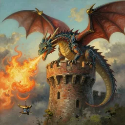 classic oil painting, a medieval fantasy dragon is breathing fire upon a castle brick tower, art by studio ghibli, comfy, dreamlike, ethereal, high - readability, extremely immersive, extremely detailed, sharp focus