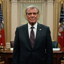 ( ( photo portrait ) ) of the klingon worf as president of the united states ( ( wearing a suit and tie ) ), 2 0 2 4 in the oval office interior, klingon weapons decorating the walls, realism, moody,, detailed, skin tinted a warm tone, ( ( realistic ) ), detailed