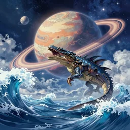 treasure planet, kraken in stormy sea with huge waves, clouds, stars, rings, beautiful lighting, vivid colors, intricate, elegant, smooth, highly detailed digital painting, concept art, cinematic, unreal engine, wallpaper, by syd mead, terada katsuya, atey ghailan, svetlin velinov, makoto shinkai art style