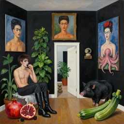 painting of queer artist's bedroom with black walls and paintings, three, zero, emo artist eating blackberries, plants, a liminal doorway, zen, high black boots, pomegranate, a black pig, courgette, octopus, sensual surrealism, by monet and and kahlo and magritte