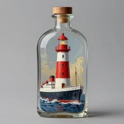imagine a ship in a bottle but instead of a ship a red and white lighthouse is in the bottle, fancy whiskey bottle, masterpiece painting by greg rutkowski and ruan jia