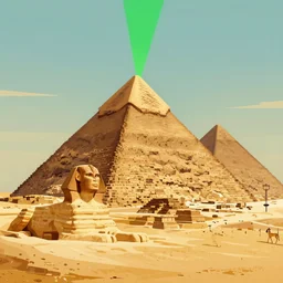 a green beam coming out of thethe tip of the great pyramid of giza, sphynx and other pyramids in the background, illustration, digital art, trending on artstation, no signature