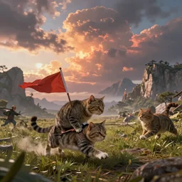 a cat with a flag riding another cat into battle, in the background there is epic enormous terrain with shockingly gorgeous skies, dramatic lighting, octane render, unreal 5