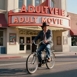 Pee-Wee Herman on his bike outside an Adult Movie theater